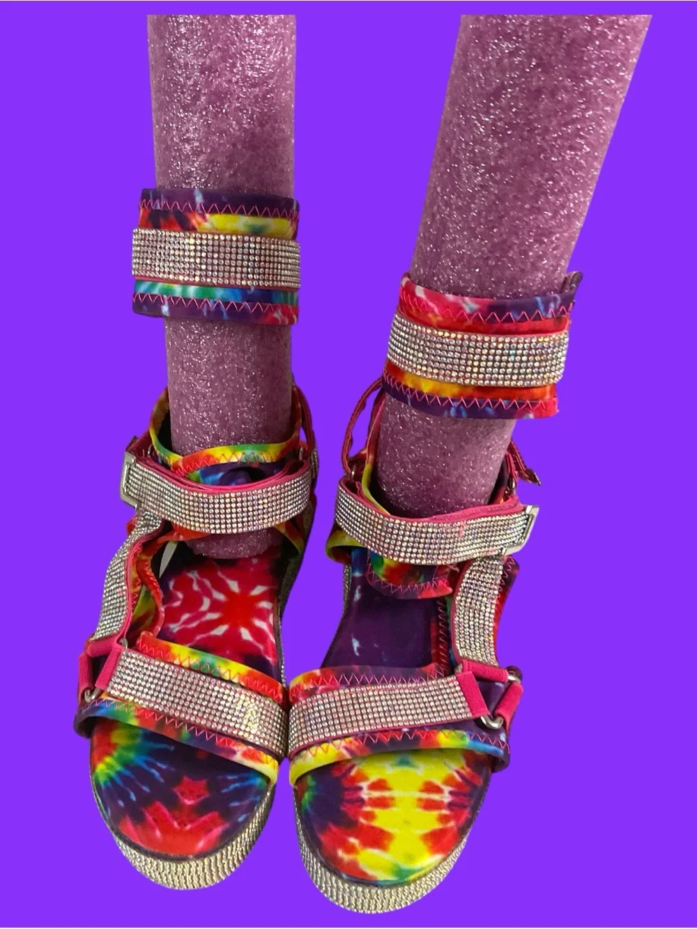 Azalea Wang Force Multicolor Tie-Dye Platform Sandals w/Rhinestone Straps Size 8